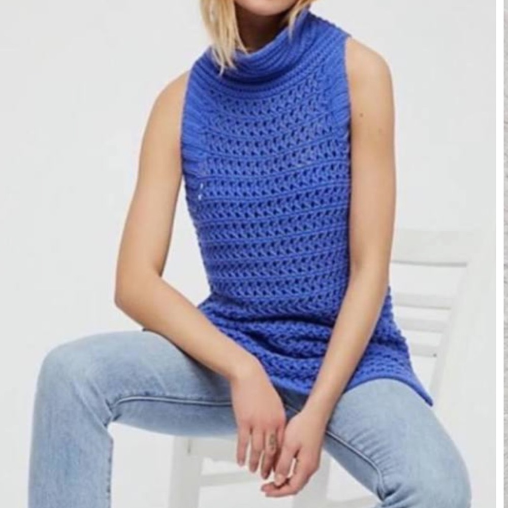 Free People Purple Periwinkle Blue Turtleneck Sleeveless Knit Sweater